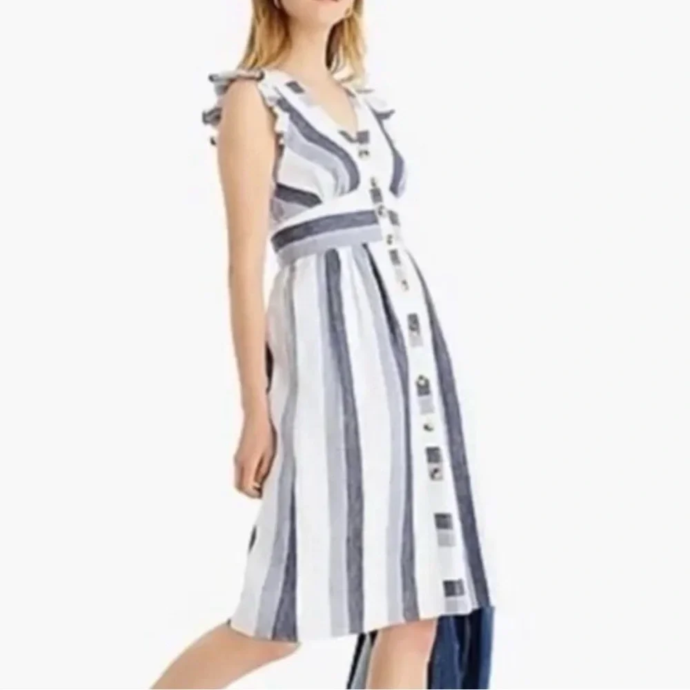 J Crew Point Sur Indigo Striped 100% Linen Midi Dress Button Resort Women’s US 6